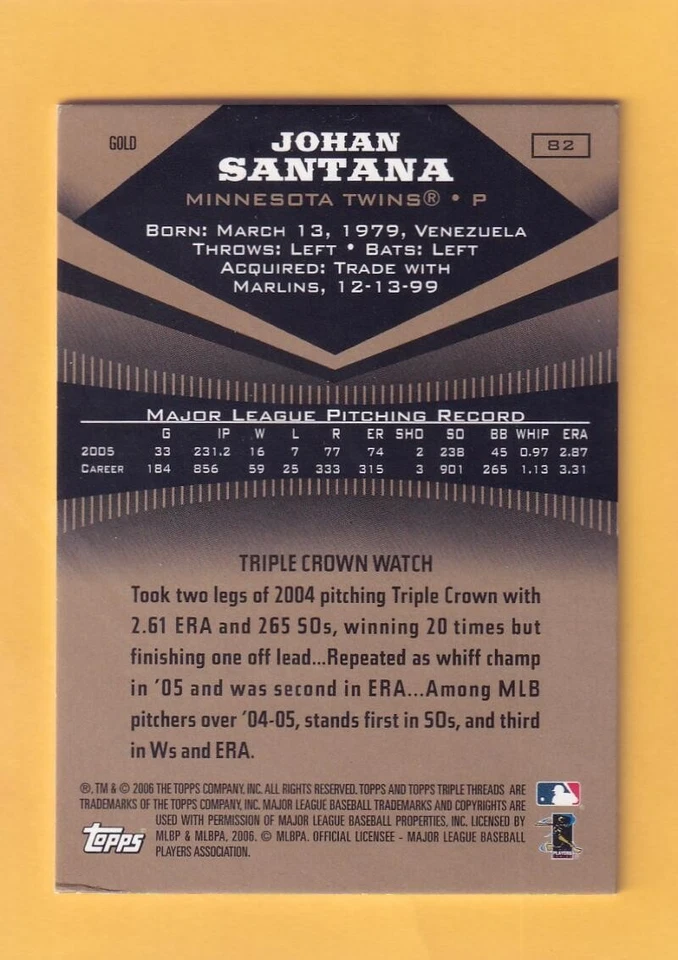 2006 Topps Triple Threads Gold #82 Johan Santana Minnesota Twins NM-MT+ 31/50 - Image 2 of 2