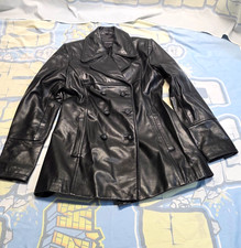 GUESS Genuine Leather Jacket Women's Medium Black Collar Flared Buttons Coat