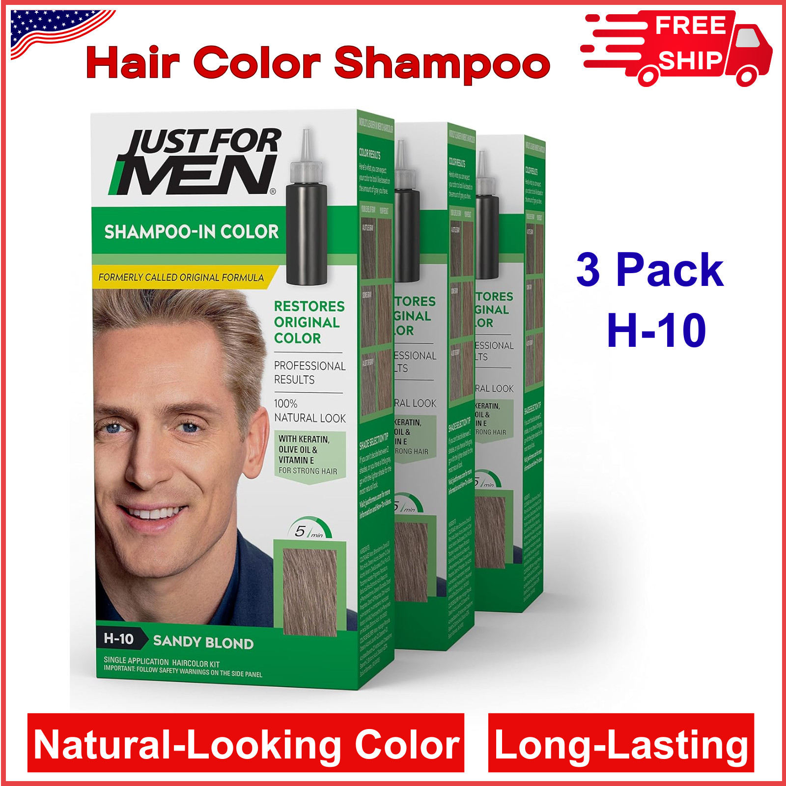 Just For Men Shampoo-in Color, Hair Dye For Men - Sandy Blond, H-10, Pack of 3