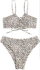 Leopard Print Bandeau Bikini Set for Women - Adjustable Straps, High-Cut Bottom