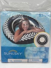 Sun Sky Inflatable Tire Ring Pool Float 35 Inches Black White For Ages 6