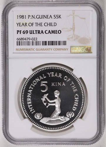 1981 PAPUA NEW GUINEA SILVER 5 KINA YEAR OF THE CHILD - NGC PF 69 ULTRA CAMEO