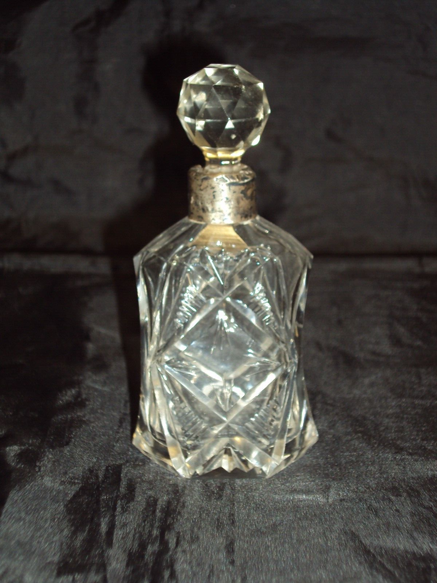 Antique Cut Glass Scent Perfume Bottle with Sterling Silver Collar