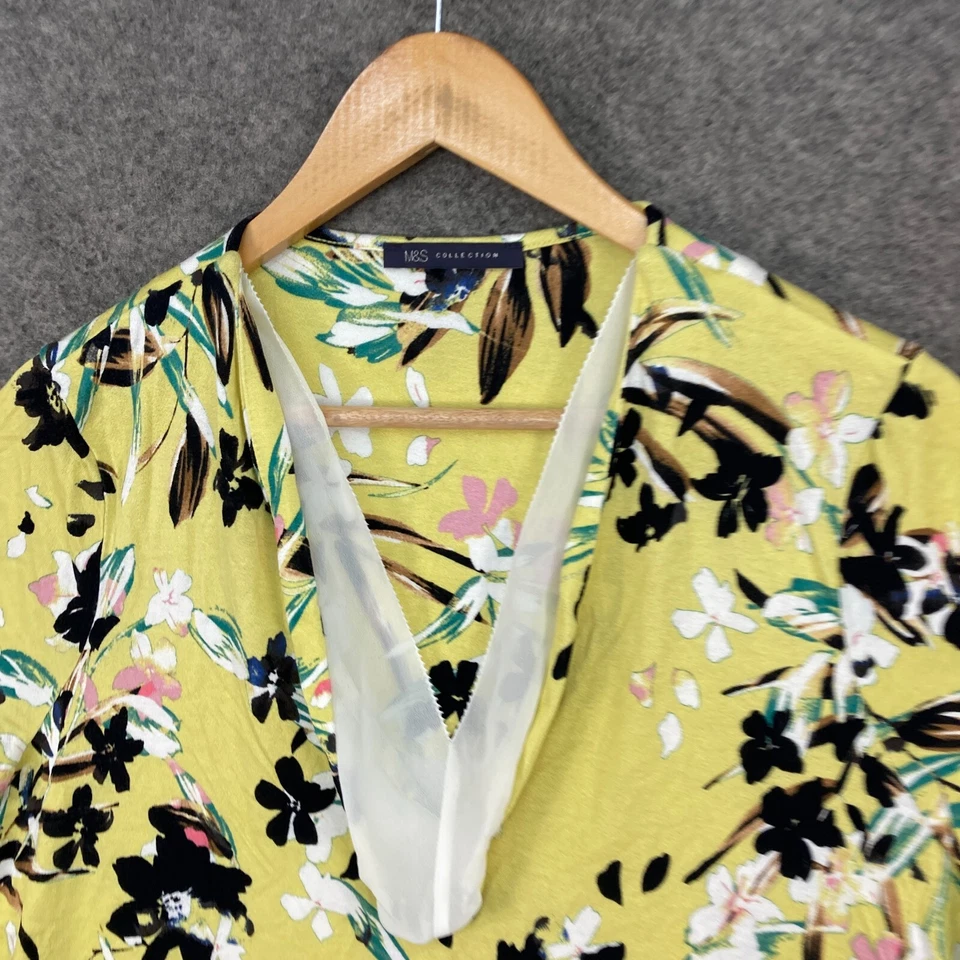 Marks and Spencer Top Womens UK 14 Yellow Floral Short Sleeve V-Neck Shirt 16812 - Image 3 of 4