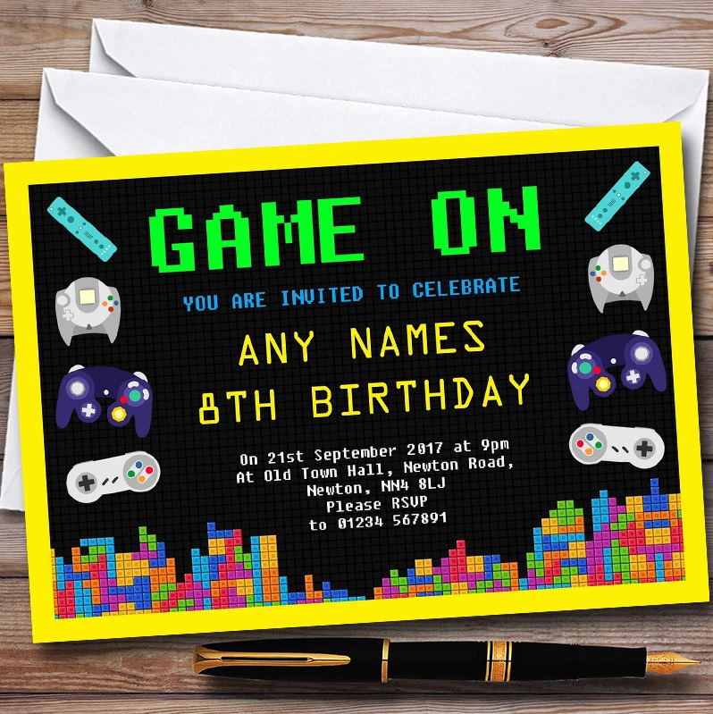 THECARDZOO Video Gaming Yellow Personalised Childrens Birthday Party Invitations