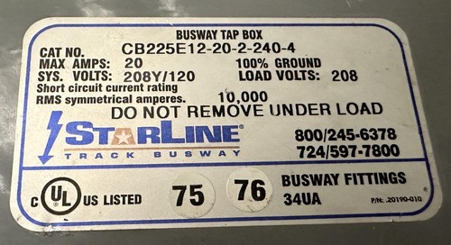 Starline CB225E12-20-2-240-4 Busway Tap Box 20 AMP 208Y/120 VAC 100% Ground - Picture 2 of 2