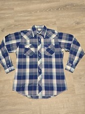 Men's Wrangler Western Pearl Snap Blue Plaid Shirt Size M 15-15.5