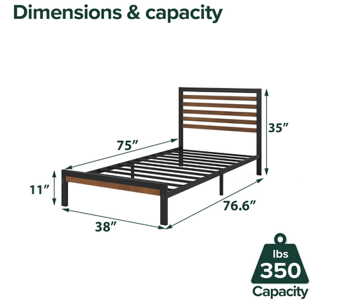 Bamboo and Metal Platform Bed Frame with Headboard easy assemble single bed - Picture 3 of 11