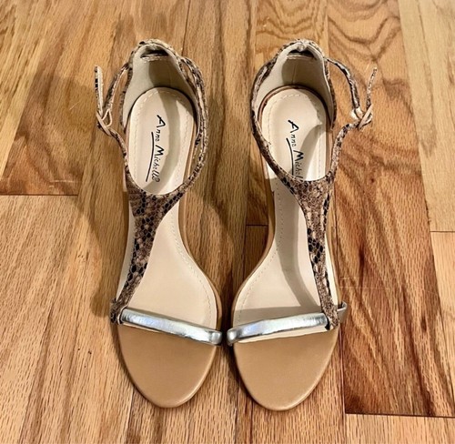 Snake Metallic Heels Size 7.5 Anne Michelle Tan Black Silver - Picture 6 of 11