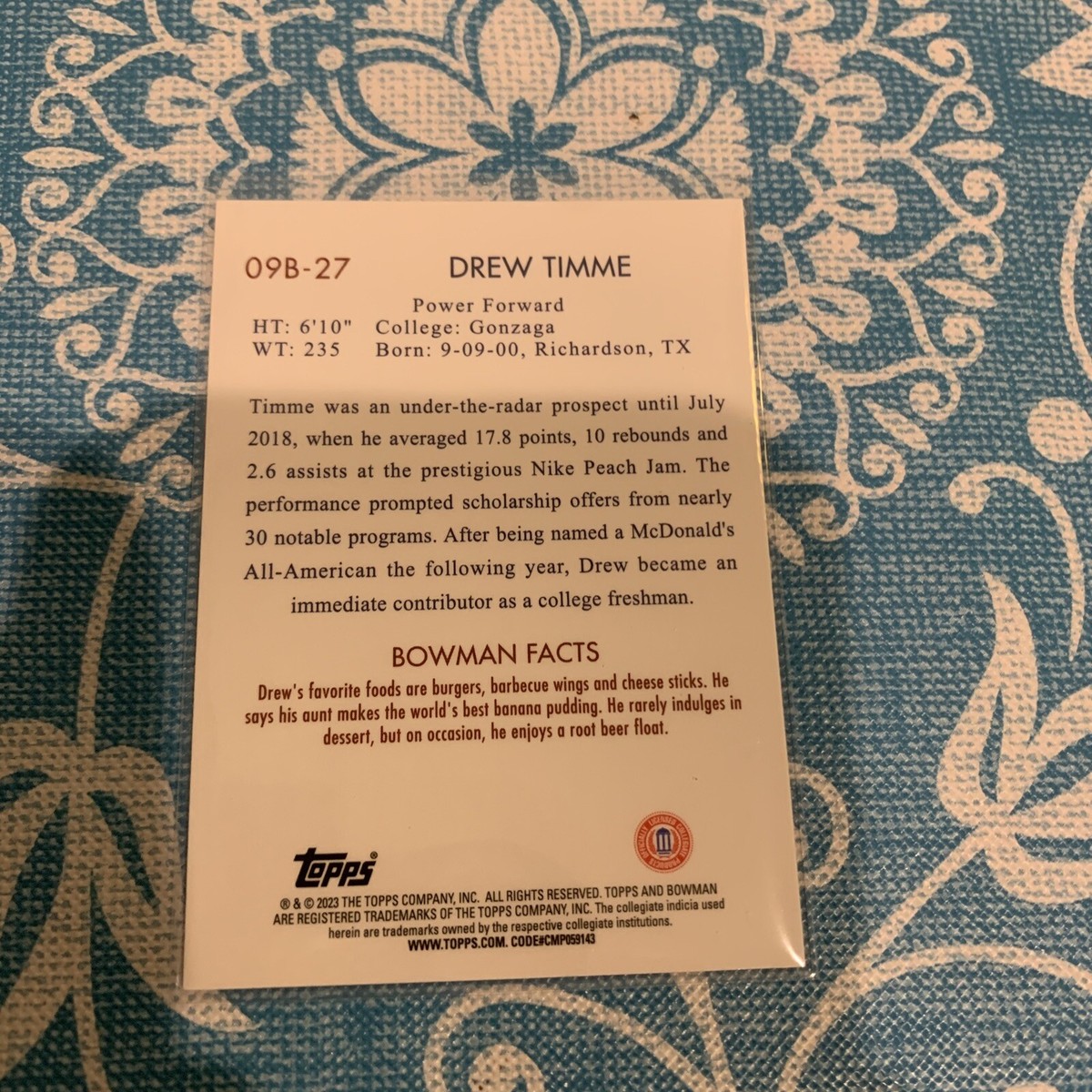 2023 Bowman University Chrome #09B-27 Drew Timme Honors 2023 Bowman University Chrome #09B-27 Drew Timme Honors