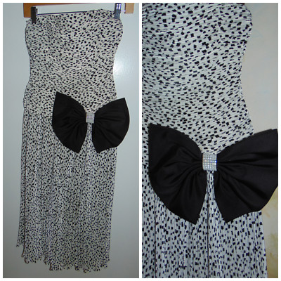 After Five Vintage 80's Dress Black White Pleated Strapless Rhinestone Bow sz 4