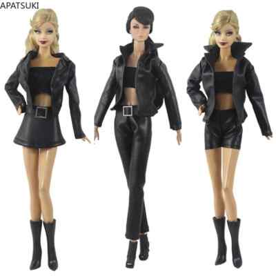 Schwarze Lederkleidung für Barbiepuppe Kurze Jacke Rock Top Stiefel Outfits 1/6