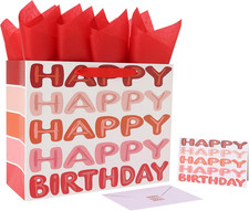 16.5" Extra Large Red Happy Birthday Gift Bag Set with Handles, Greeting Card, T