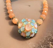 OOAK Art Glass Necklace - Unique Handcrafted Design with Fiery Red & Peach Tones