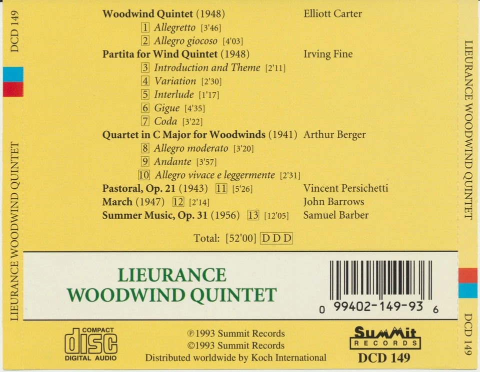 Lieurance Woodwind Quintet Debut Recording (CD, 1993, Summit) Used - Image 2 of 2