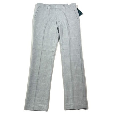 Perry Ellis Slim-Fit Twill Pants Mens 31 x 32 Light Grey Windowpane Stretch NEW