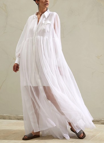 Brunello Cucinelli, Brunello Cucinelli SS21 Off-White Silk Gathered Maxi Shirt Dress, Size US L