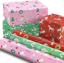 ZICOTO Beautiful Christmas 17x120 inches per roll, Unicorn - Red Green Pink 