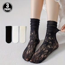 3 Pairs Womens Lace Socks Sheer Hollow Out Slouch Crew Breathable Elegant