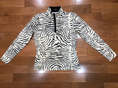 J McLaughlin Ace 1/4 Zip Mock Neck Zebra Print Cream & Black Pullover Top Size S