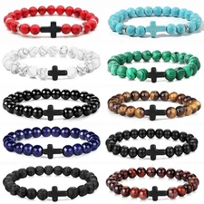 Natural Stone Beads Bracelet Hematite Cross Prayer Yoga Jewelry Men Women