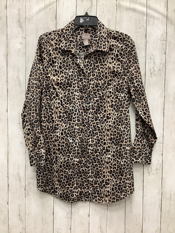 Chico’s Size 1 Leopard Print Long Sleeve Button Down Tunic Shirt Blouse Top