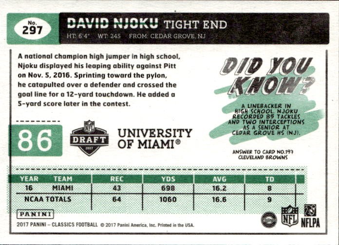 David Njoku Panini Classics #297 No Name