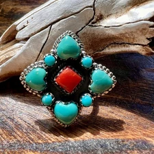 925 Silver Kingman Turquoise Heart Cluster Ring Italian Red Coral Southwest