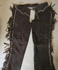 Leather Chaps, Brown Size S-M Hand Made Western Suede Horse Riding Fringes Pant