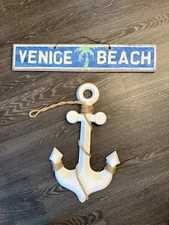 Wooden Nautical White Anchor With Brown Rope And Blue Venice Sign Decor EUC