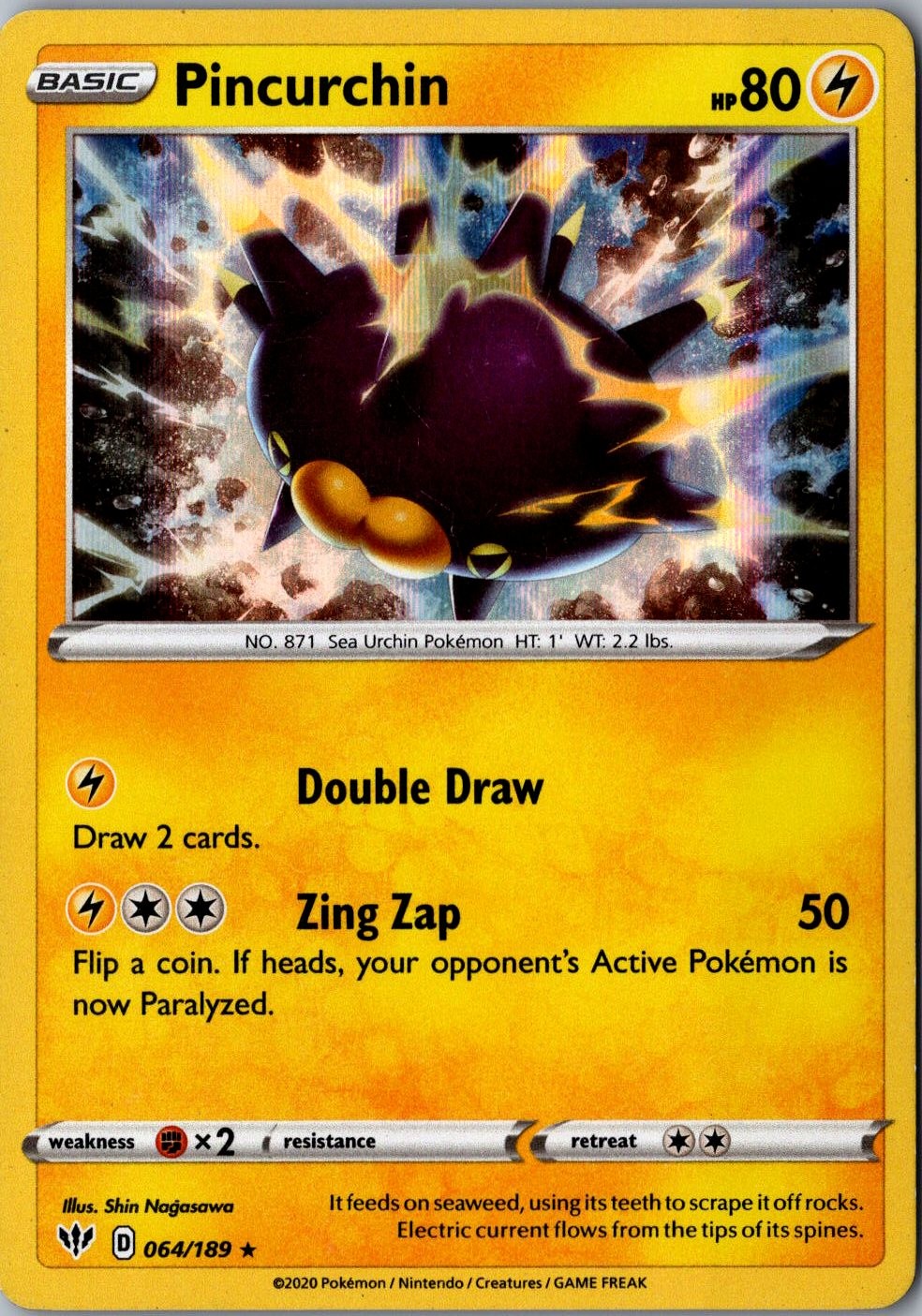 Pincurchin 064/189 Pokemon Card LP Holo Holo Rare SWSH03: Darkness Ablaze