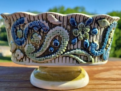 Vintage INARCO E-3607 Blue and Green Mod Floral Pattern Ceramic Planter MCM 60's