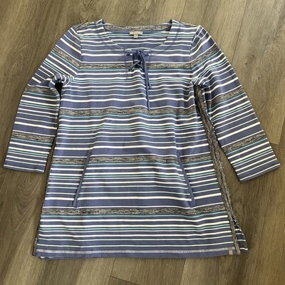 T by Talbots Women s Small Striped Tunic Top Blue Green 3/4 Sleeve