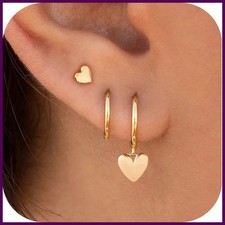 3 Pairs Gold Plated Stainless Steel Stud Earrings Set Heart Moon Star Small Hoop