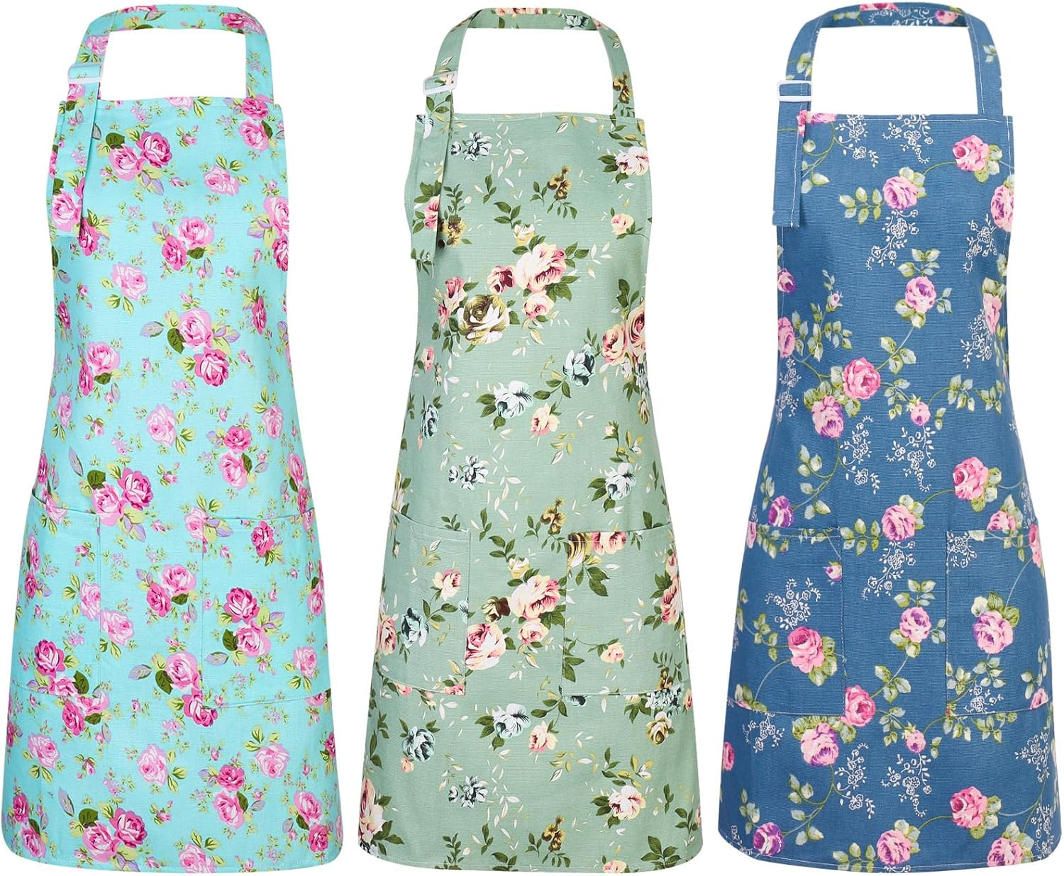 3Pcs Vintage Flower Aprons, Adjustable Canvas Aprons with 2 Pockets Kitchen Cook
