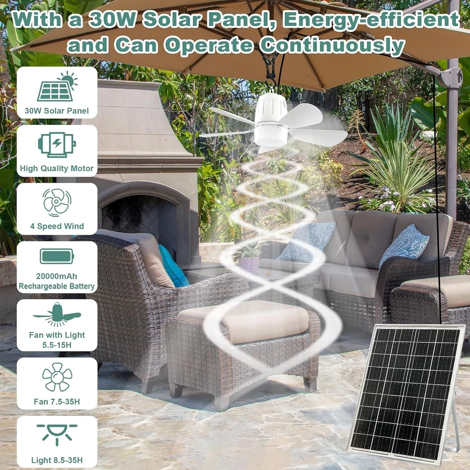 Solar Ceiling Fan Light, 20000mAh Portable Gazebo Fan with 30W Solar Powered Fan - image 3 of 4
