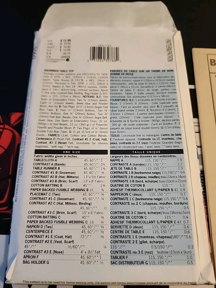 Butterick Pattern 6903/347 Snowman Doll Bag Holder Runner Cloth Mat Apron Uncut - Image 3 of 4