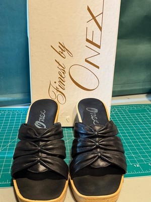 FINEST BY ONEX BLACK LEATHER STRAPPY CORK WEDGE SANDALS SHOES WOMENS SIZE 7M
