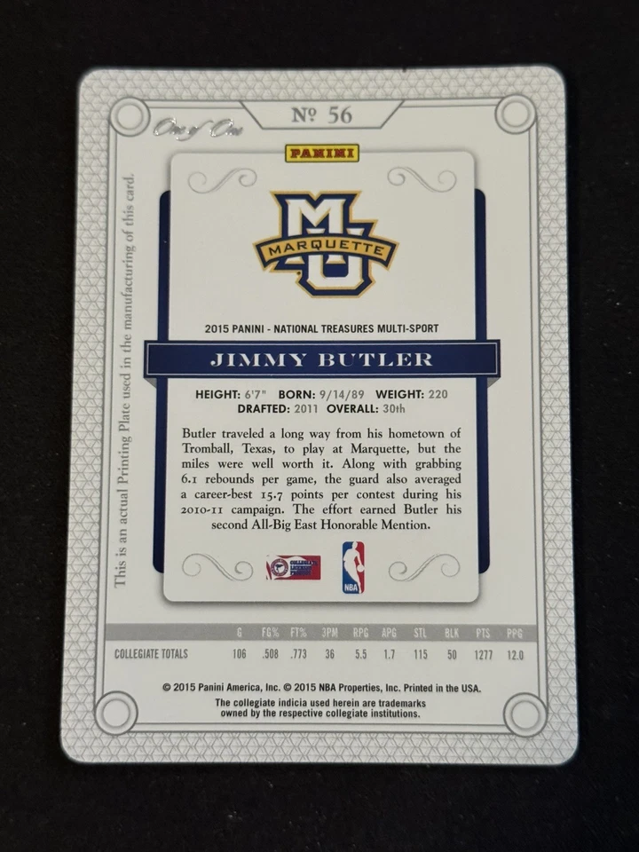 Placa de impresión de marqueta 2015 National Treasures Jimmy Butler 1/1 Foto 2 de 2