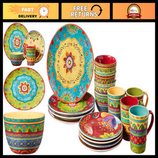 Colorful 16-Piece Ceramic Dinnerware Set for 4 - Boho Plates, Bowls & Mugs, Flor