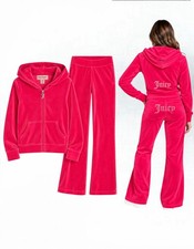 Juicy Couture Size M Velour Tracksuit Hoodie Pants 2PC Set Hot Pink Rhinestone