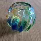 Vintage Heavy Art Glass Melon Vase Blue Green Amber Swirl Murano Style Sculptura