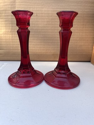 Vintage Indiana Glass Ruby Red Candlesticks for taper candles 6 Inches Tall 
