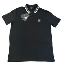 Hugo Boss Mens Large Black Regular Fit Tipped Collar Polo Shirt Logo Patch