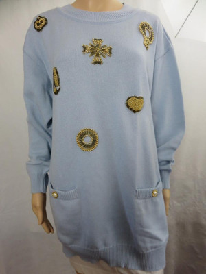 Mondi Blue Embellished Sweater W/Beads Long Sleeve Front Pockets SZ 44