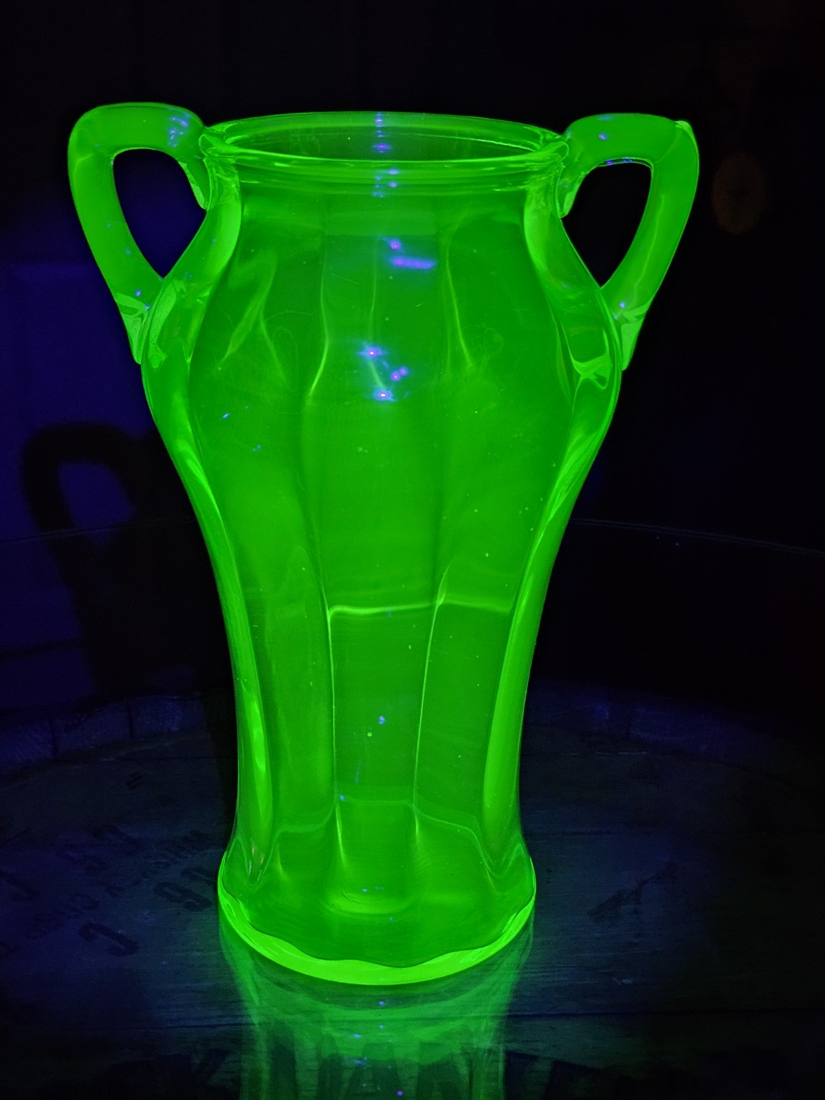 Antique Green Uranium Glass Handled Vase