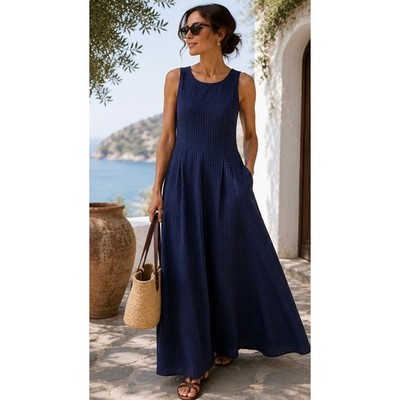 Armani Collezioni Blue Maxi Dress 16 Jacquard Pockets Italy Resort Luxury