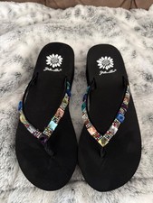 Yellow Box Womens Black Flip Flops With Multicolor Beaded Straps Size 8 Comforta