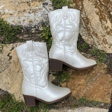 Toddler Girls Cowboy Boots 6 Faux Leather Pearl White Baby Western