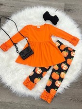 Boutique Girls Twirly Orange Tunic And Pumpkin Ruffle Legging Set Size 8/9